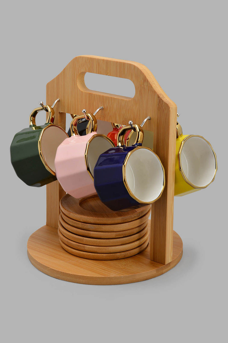 Redtag-Assorted-Tea-Cup-With-Wooden-Coaster-And-Stand-(13-Piece)-Espresso-Sets-Home-Dining-