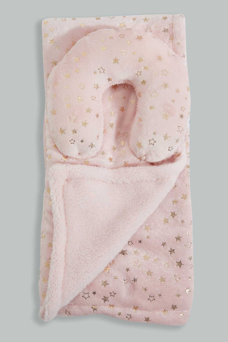 Redtag-Pink-Sherpa-Blanket-With-Baby-Pillow-Baby-Blankets-Baby-0 to 12 Months