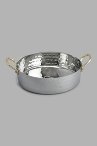 Redtag-Silver-Hammered-Bowl-With-Gold-Brass-Handles-With-Wooden-Base-Category:Bowls,-Colour:Silver,-Filter:Home-Dining,-HMW-DIN-Sew-Serveware,-New-In,-New-In-HMW-DIN,-Non-Sale,-PERIGOLD,-S22C,-Section:Homewares-Home-Dining-