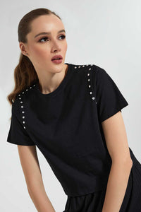 Redtag-Black-T-Shirt-With-Studs-Embellished-Women's-