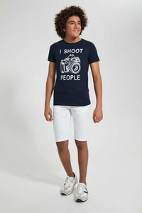 Redtag-Navy-Shoot-People-T-Shirt-All-Over-Prints-Senior-Boys-9 to 14 Years