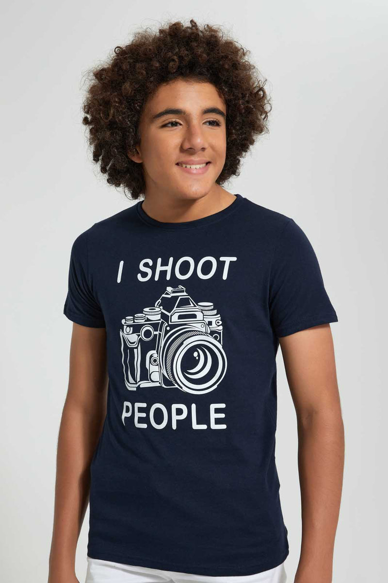 Redtag-Navy-Shoot-People-T-Shirt-All-Over-Prints-Senior-Boys-9 to 14 Years