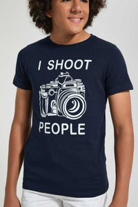 Redtag-Navy-Shoot-People-T-Shirt-All-Over-Prints-Senior-Boys-9 to 14 Years