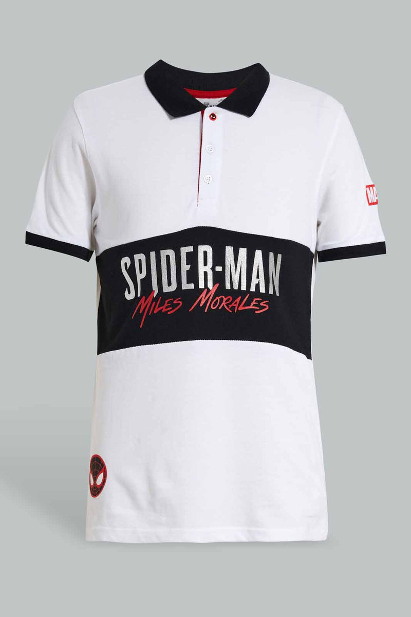 Redtag-White-Spiderman-Polo-Polo-Shirts-Senior-Boys-9 to 14 Years