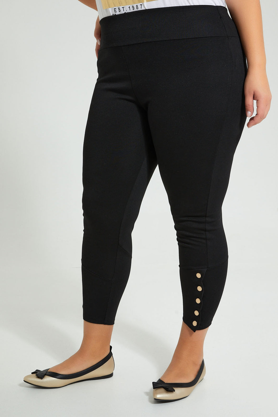 Redtag-Black-Legging-With-Buttons-At-Hem-Colour:Black,-Filter:Plus-Size,-LDP-Leggings,-New-In,-New-In-LDP,-Non-Sale,-S22B,-Section:Women,-TBL-Women's-