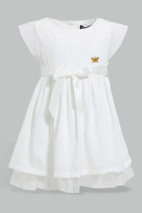 Redtag-Ivory-Mesh-Sleeves-And-Hem-Dress-Dresses-Infant-Girls-3 to 24 Months