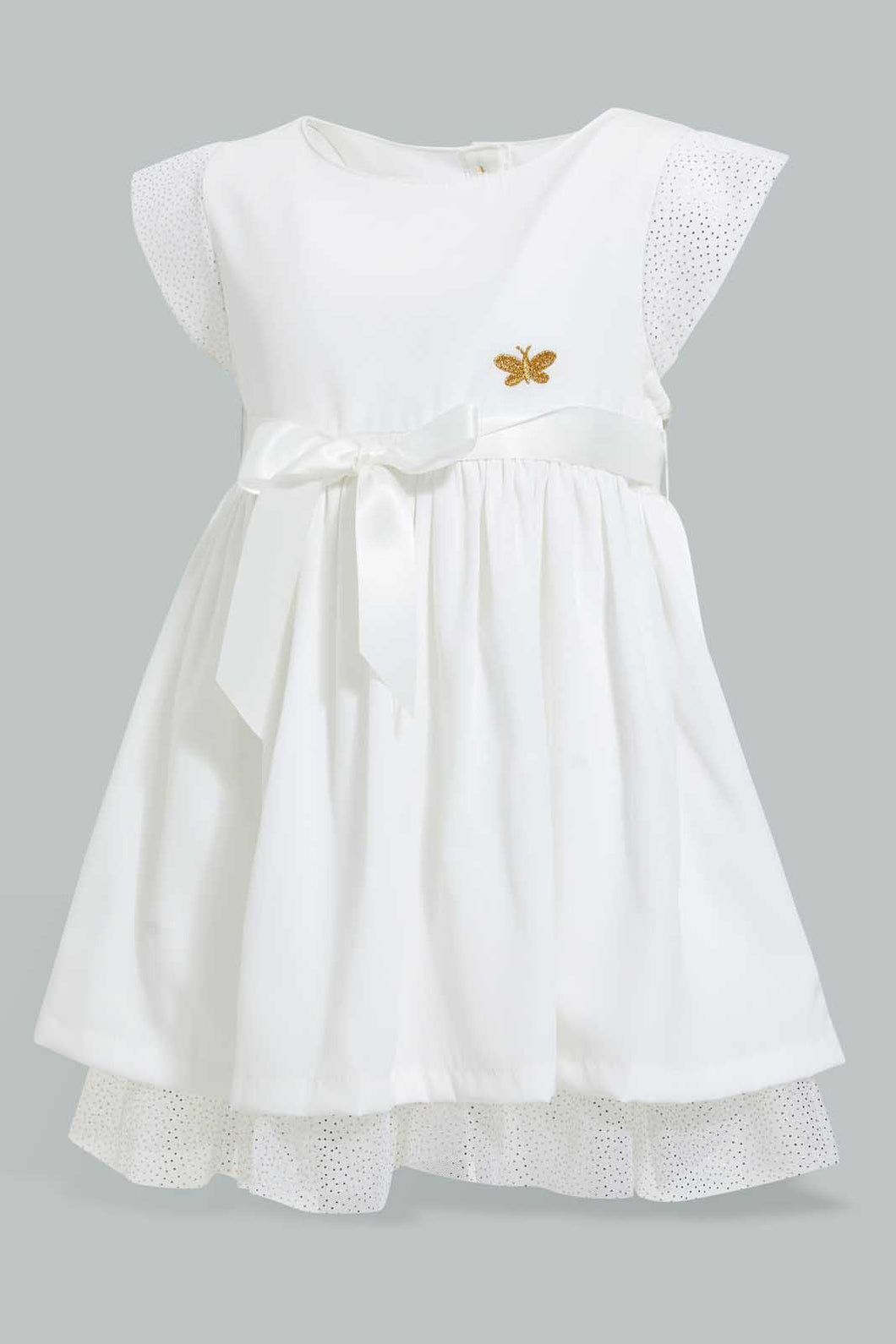 Redtag-Ivory-Mesh-Sleeves-And-Hem-Dress-Dresses-Infant-Girls-3 to 24 Months