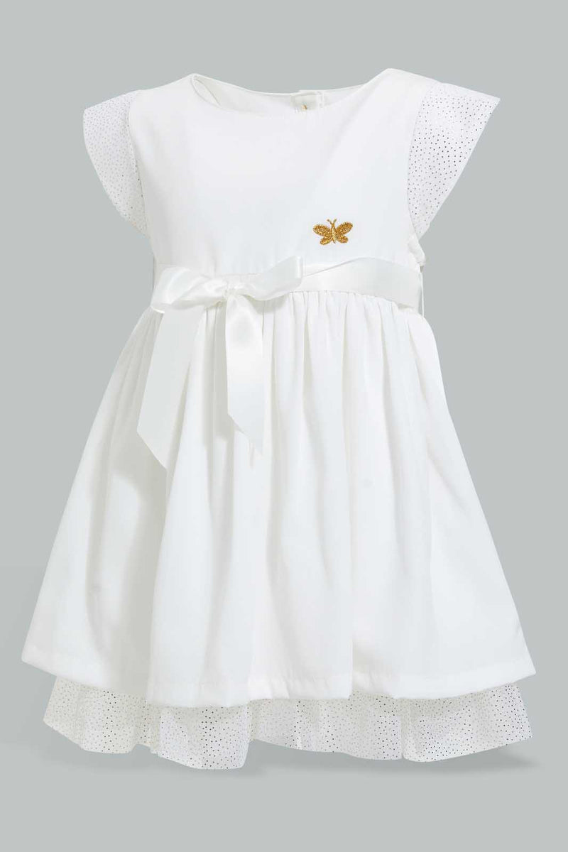 Redtag-Ivory-Mesh-Sleeves-And-Hem-Dress-Dresses-Infant-Girls-3 to 24 Months