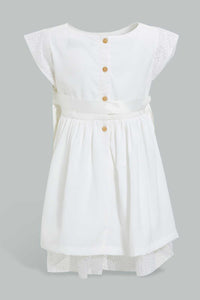 Redtag-Ivory-Mesh-Sleeves-And-Hem-Dress-Dresses-Infant-Girls-3 to 24 Months