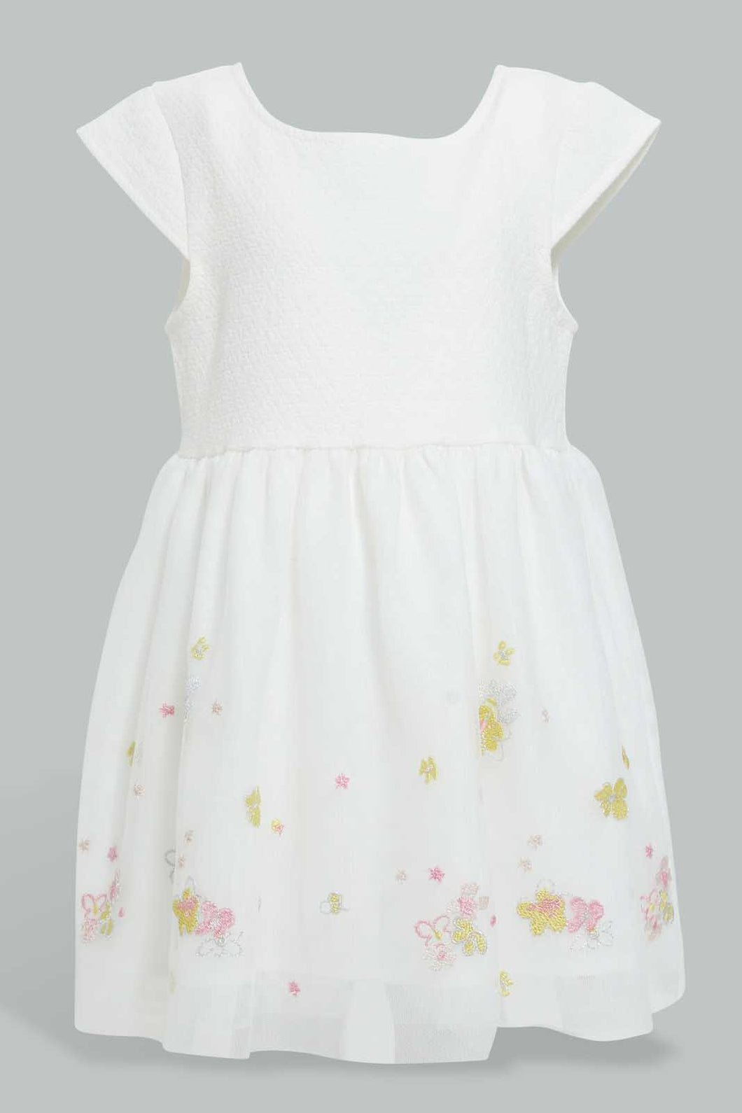 Redtag-White-Floral-Embellished-Mesh-Detailed-Dress-Dresses-Infant-Girls-3 to 24 Months