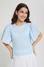 Load image into Gallery viewer, Redtag-Lt-Blue-Ruffled-Sleeve-Crop-Top-Plain-Senior-Girls-9 to 14 Years
