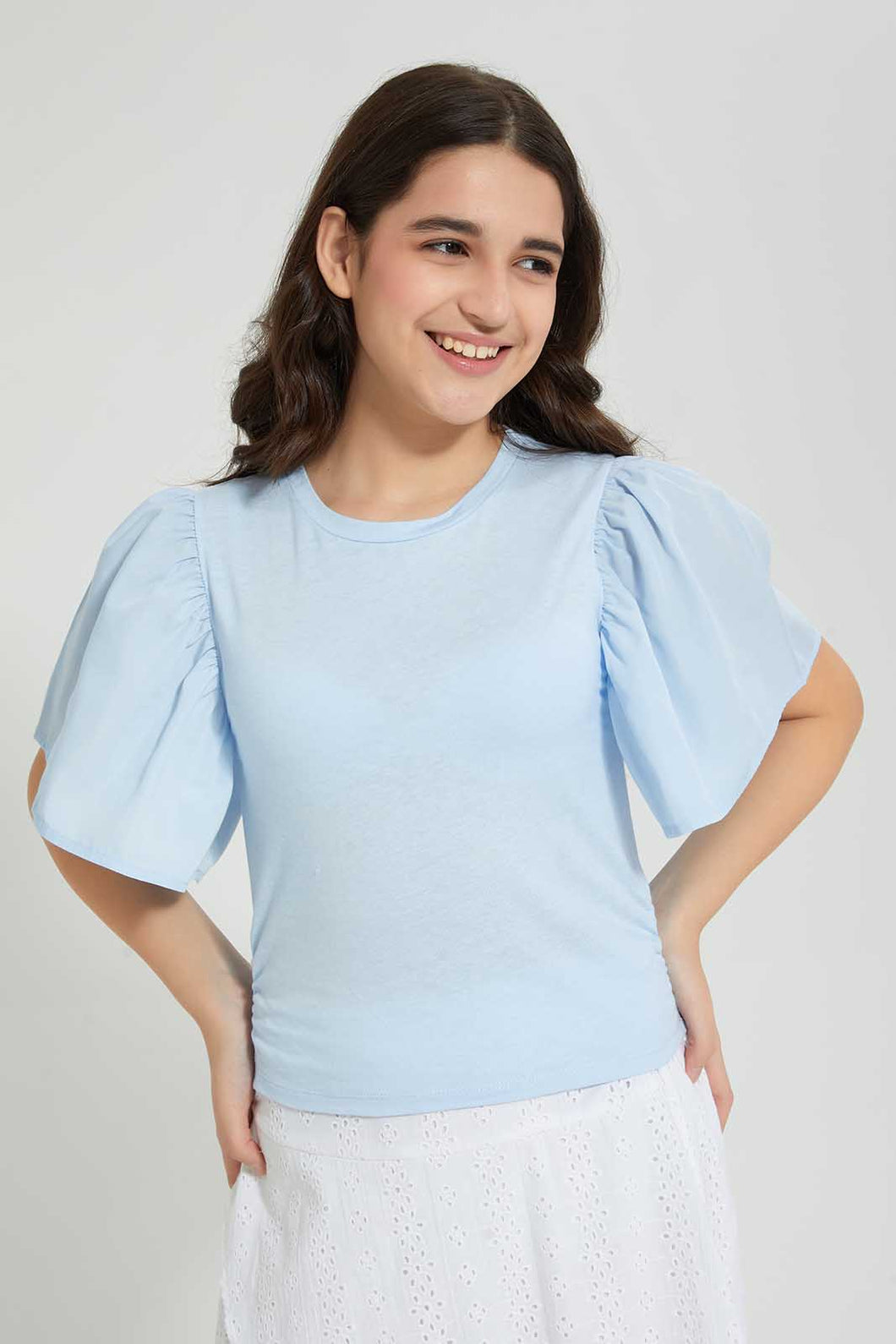 Redtag-Lt-Blue-Ruffled-Sleeve-Crop-Top-Plain-Senior-Girls-9 to 14 Years