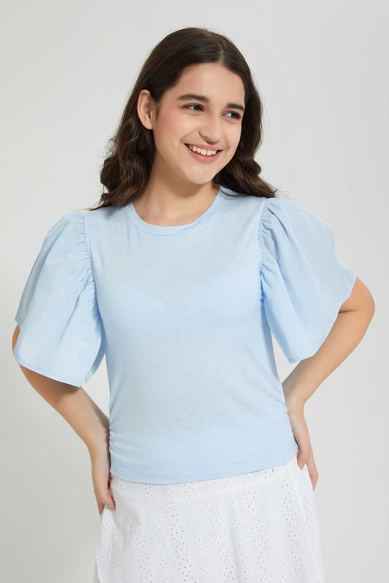 Redtag-Lt-Blue-Ruffled-Sleeve-Crop-Top-Plain-Senior-Girls-9 to 14 Years