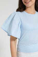 Load image into Gallery viewer, Redtag-Lt-Blue-Ruffled-Sleeve-Crop-Top-Plain-Senior-Girls-9 to 14 Years
