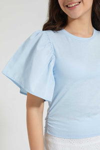 Redtag-Lt-Blue-Ruffled-Sleeve-Crop-Top-Plain-Senior-Girls-9 to 14 Years