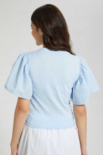 Load image into Gallery viewer, Redtag-Lt-Blue-Ruffled-Sleeve-Crop-Top-Plain-Senior-Girls-9 to 14 Years
