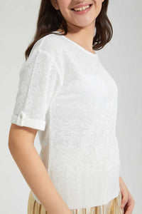 Redtag-White-Jacquard-Boxy-Top-Plain-Senior-Girls-9 to 14 Years