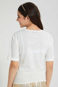 Redtag-White-Jacquard-Boxy-Top-Plain-Senior-Girls-9 to 14 Years