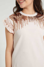 تنزيل الصورة على معرض الصور، Redtag-Peach-Sequins-Ruffled-Sleeve-Top-Embellished-Senior-Girls-9 to 14 Years
