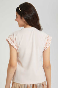 Redtag-Peach-Sequins-Ruffled-Sleeve-Top-Embellished-Senior-Girls-9 to 14 Years