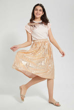 تنزيل الصورة على معرض الصور، Redtag-Peach-Sequins-Ruffled-Sleeve-Top-Embellished-Senior-Girls-9 to 14 Years
