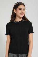 Load image into Gallery viewer, Redtag-Black-Highneck-Jacquard-Top-With-Pearls-Blouses-Senior-Girls-9 to 14 Years
