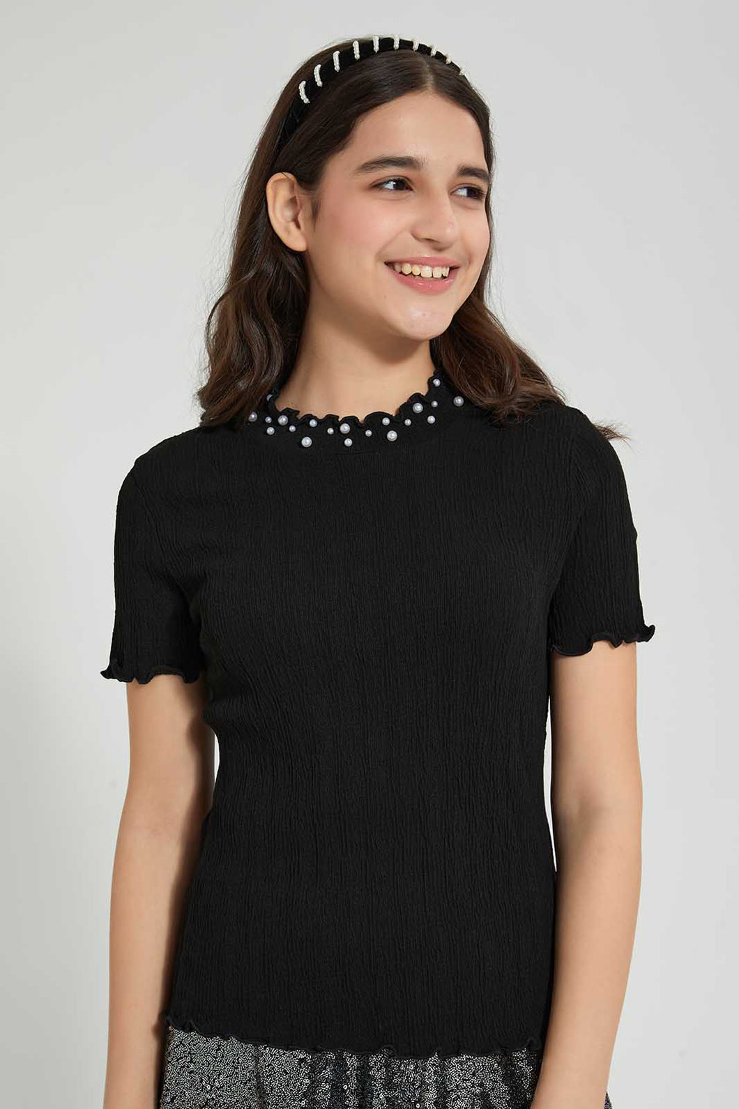 Redtag-Black-Highneck-Jacquard-Top-With-Pearls-Blouses-Senior-Girls-9 to 14 Years