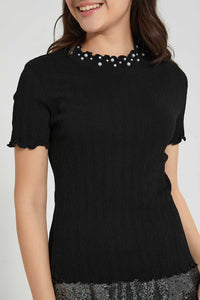 Redtag-Black-Highneck-Jacquard-Top-With-Pearls-Blouses-Senior-Girls-9 to 14 Years