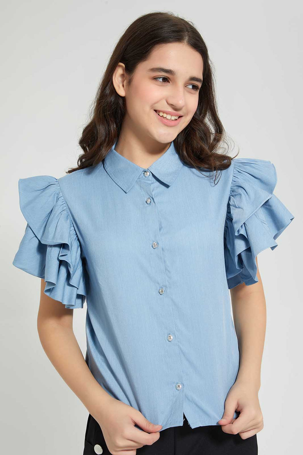 Redtag-Denim-Blue-Puff-Sleeve-Blouse-Blouses-Senior-Girls-9 to 14 Years