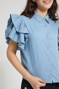 Redtag-Denim-Blue-Puff-Sleeve-Blouse-Blouses-Senior-Girls-9 to 14 Years