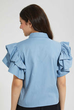 Load image into Gallery viewer, Redtag-Denim-Blue-Puff-Sleeve-Blouse-Blouses-Senior-Girls-9 to 14 Years
