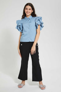 Redtag-Denim-Blue-Puff-Sleeve-Blouse-Blouses-Senior-Girls-9 to 14 Years