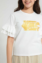 Load image into Gallery viewer, Redtag-White/Gold-Ruffled-Sleeve-Pearl-Top-Embellished-Senior-Girls-9 to 14 Years
