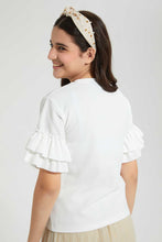 Load image into Gallery viewer, Redtag-White/Gold-Ruffled-Sleeve-Pearl-Top-Embellished-Senior-Girls-9 to 14 Years
