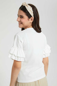 Redtag-White/Gold-Ruffled-Sleeve-Pearl-Top-Embellished-Senior-Girls-9 to 14 Years