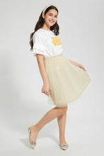 Load image into Gallery viewer, Redtag-White/Gold-Ruffled-Sleeve-Pearl-Top-Embellished-Senior-Girls-9 to 14 Years
