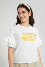 Load image into Gallery viewer, Redtag-White/Gold-Ruffled-Sleeve-Pearl-Top-Embellished-Senior-Girls-9 to 14 Years
