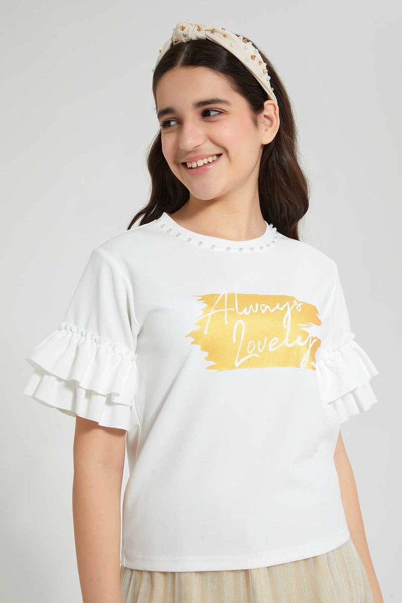 Redtag-White/Gold-Ruffled-Sleeve-Pearl-Top-Embellished-Senior-Girls-9 to 14 Years