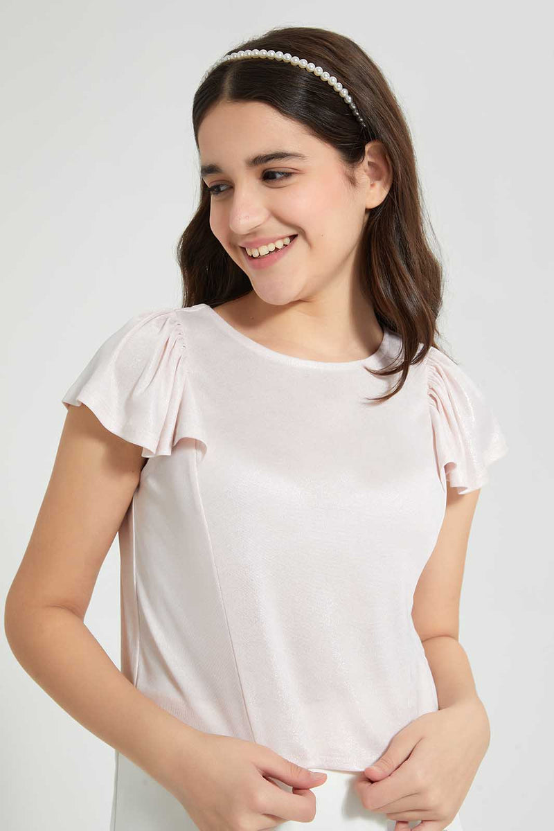 Pink Metallic Ruffled Sleeve Top