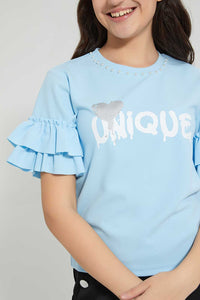 Redtag-Lt-Blue-Ruffled-Sleeve-Pearl-Top-Embellished-Senior-Girls-9 to 14 Years