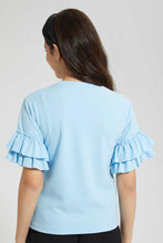 تنزيل الصورة على معرض الصور، Redtag-Lt-Blue-Ruffled-Sleeve-Pearl-Top-Embellished-Senior-Girls-9 to 14 Years
