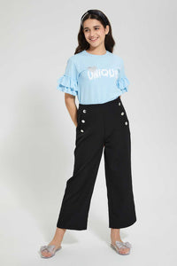 Redtag-Lt-Blue-Ruffled-Sleeve-Pearl-Top-Embellished-Senior-Girls-9 to 14 Years