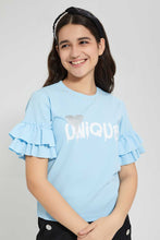 تنزيل الصورة على معرض الصور، Redtag-Lt-Blue-Ruffled-Sleeve-Pearl-Top-Embellished-Senior-Girls-9 to 14 Years
