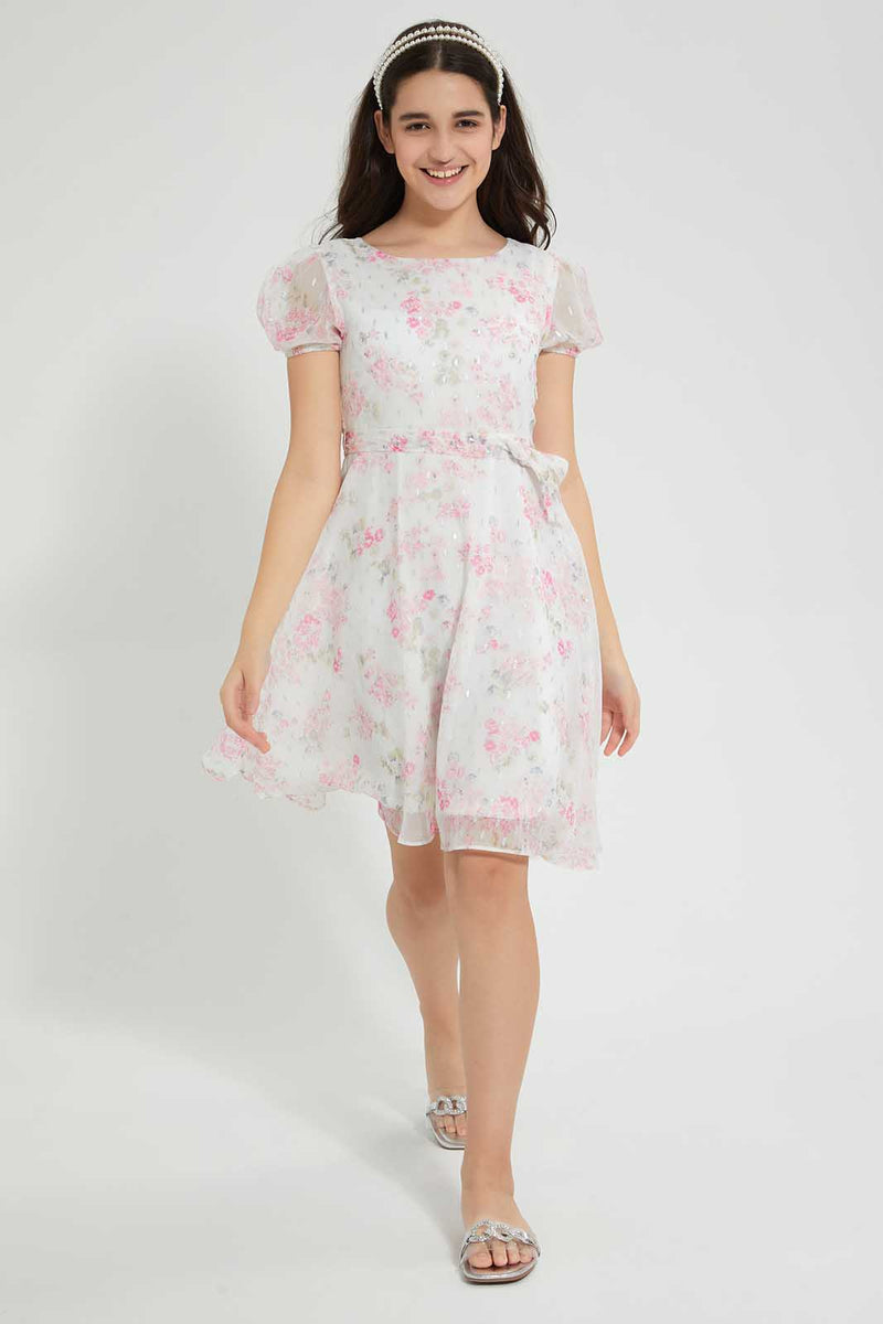 Redtag-White-Floral-Embroidered-Dress-Dresses-Senior-Girls-9 to 14 Years