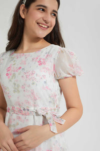 Redtag-White-Floral-Embroidered-Dress-Dresses-Senior-Girls-9 to 14 Years