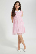 تنزيل الصورة على معرض الصور، Redtag-Pink/Silver-Foil-Floral-Peter-Pan-Collar-Mesh-Dress-Dresses-Senior-Girls-9 to 14 Years
