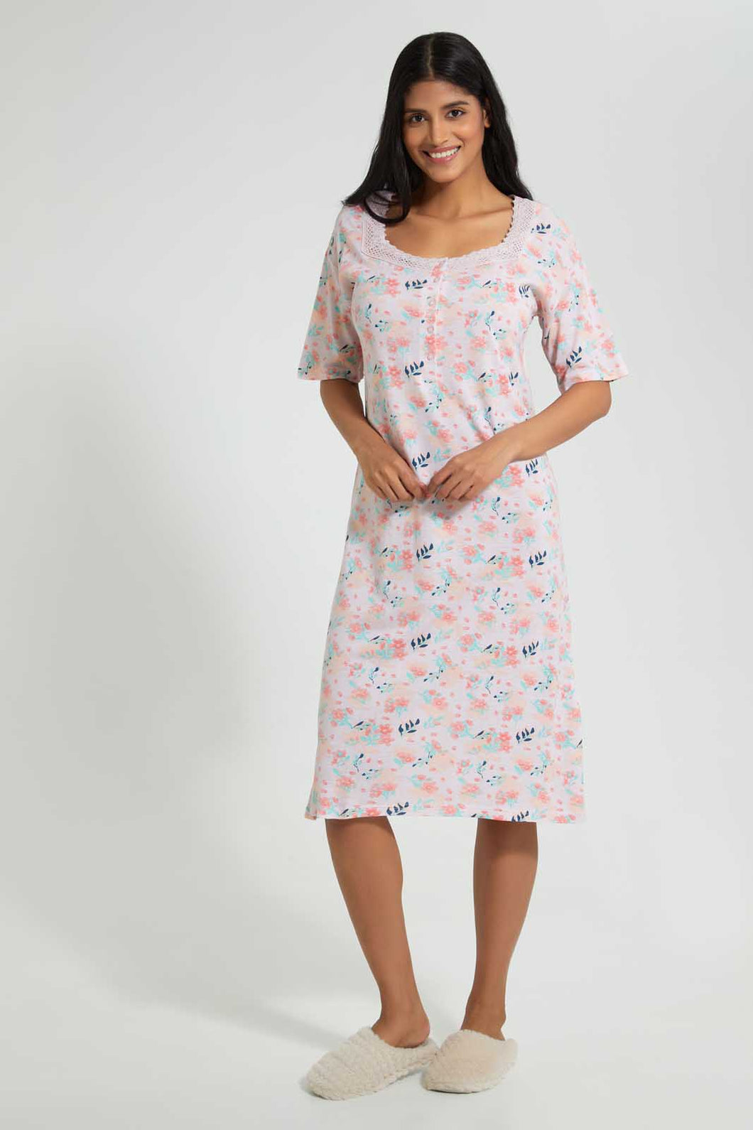 Redtag-Peach-Floral-Printed-Nightgown-Nightgowns-Women's-