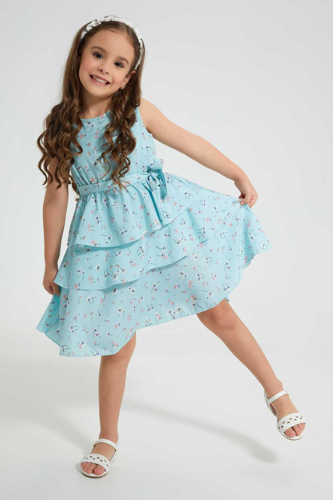 Redtag-Blue-Aop-Tiered-Dress-Dresses-Girls-2 to 8 Years