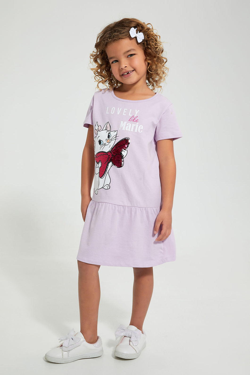 Redtag-Lilac-Casual-Dress-With-Marie-Placement-Print-&-2-Way-Sequins-Dresses-Girls-2 to 8 Years