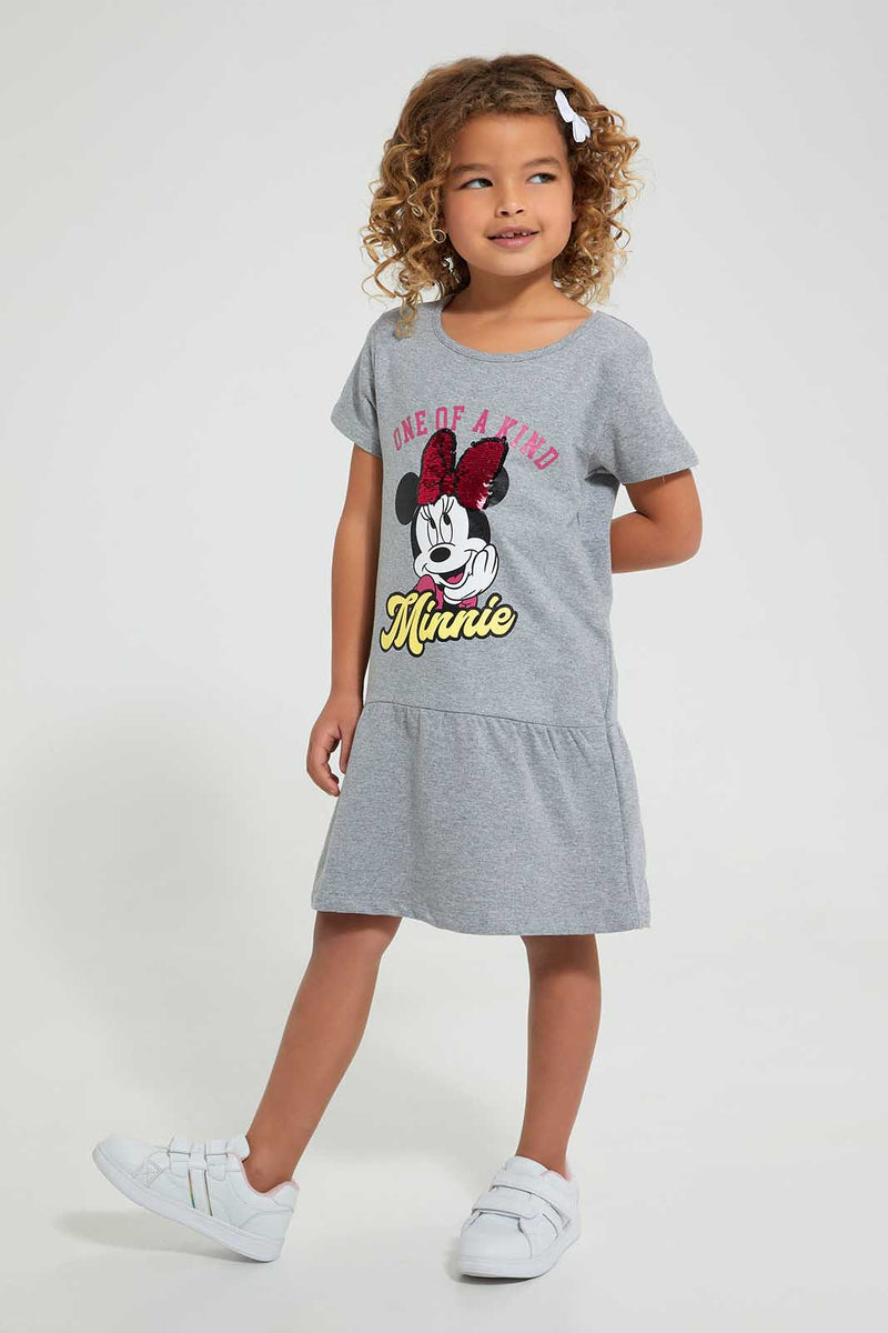 Redtag-Grey-Melange-Casual-Dress-With-Minnie-Placement-Print-&-2-Way-Sequins-Dresses-Girls-2 to 8 Years